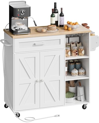 Black and Rustic Brown Rolling Kitchen Island Trolley with Power Outlet O29011