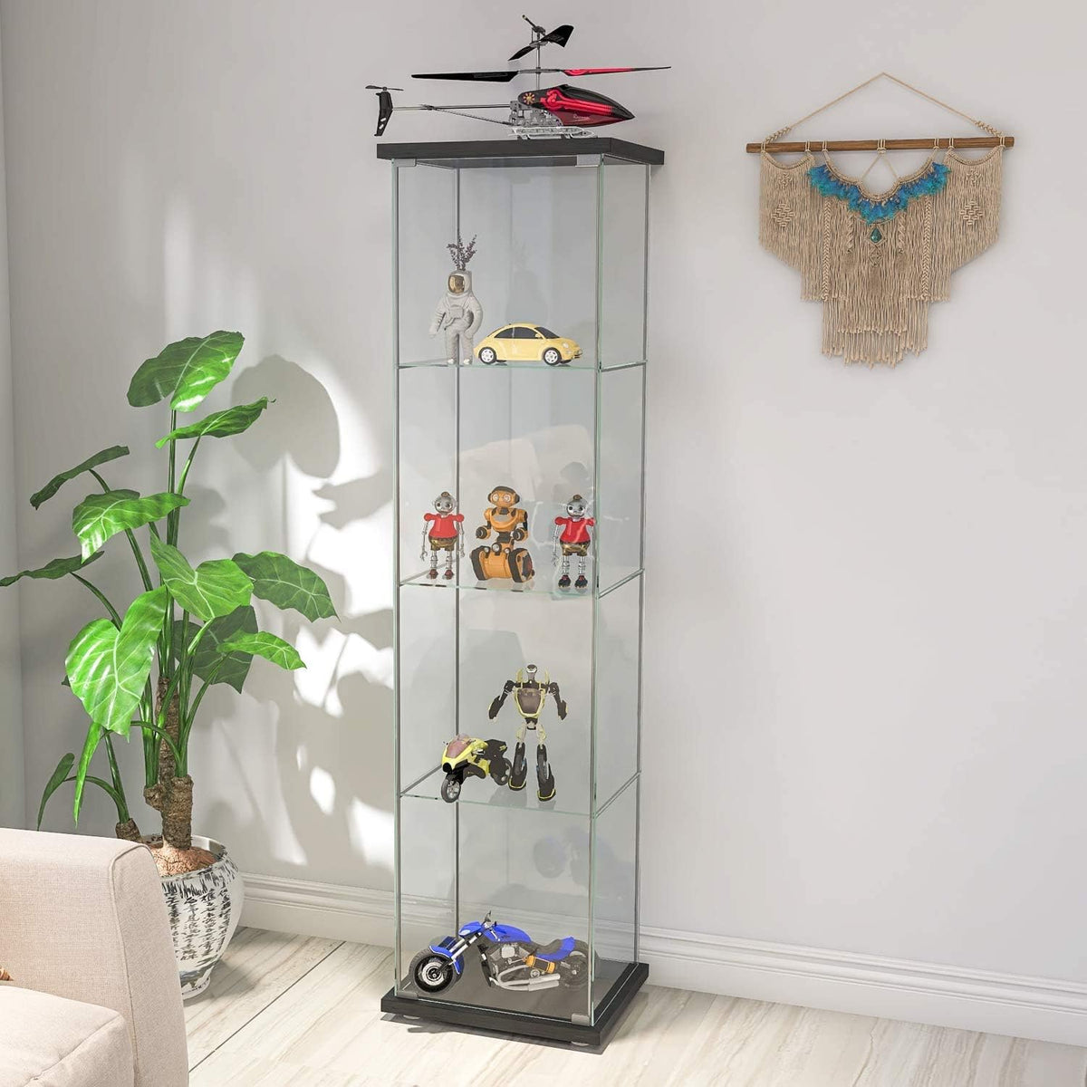 White Wood 4-Shelf Glass Display Cabinet with Door R18856