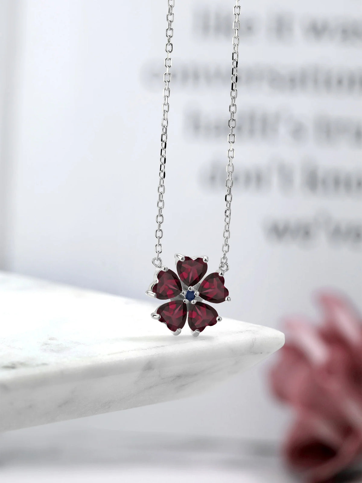 925 Sterling Silver Red Rhodolite Garnet and Blue Sapphire Pendant Necklace with 18 inch Chain M2263