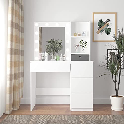 White Makeup Vanity with Lighted Mirror and 4 Drawers C3748