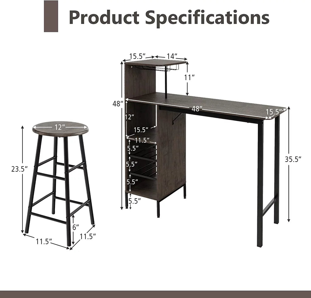 Bar Table and Chairs Set for 2, 3-Piece Counter Height Dining Table Set with Shelves P382