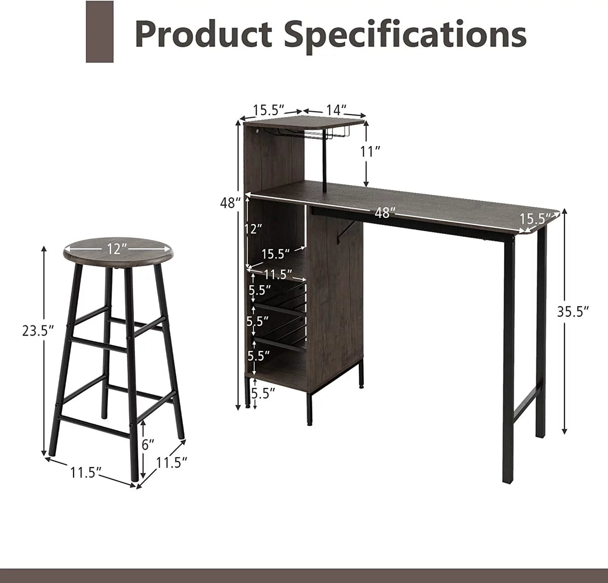 Bar Table and Chairs Set for 2, 3-Piece Counter Height Dining Table Set with Shelves P382