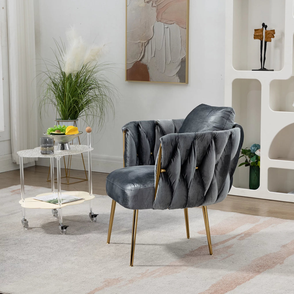 Gray Velvet Upholstered Accent Chair with Gold Metal Leg and Throw Pillow O4904