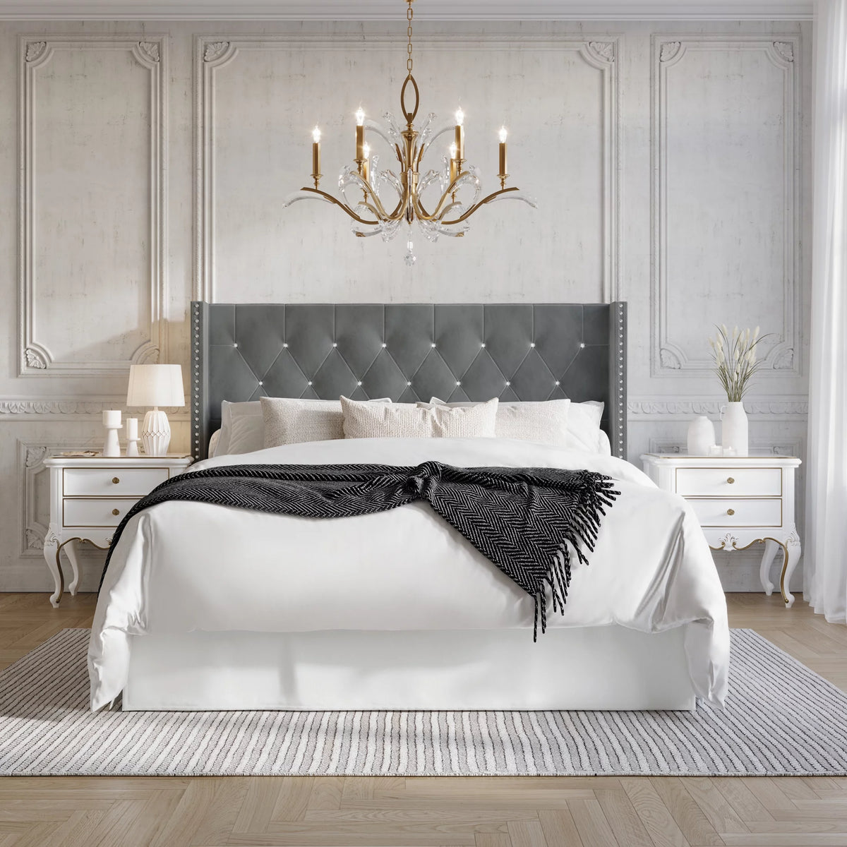 Button Tufted Wingback Velvet Upholstered Queen Bed H266