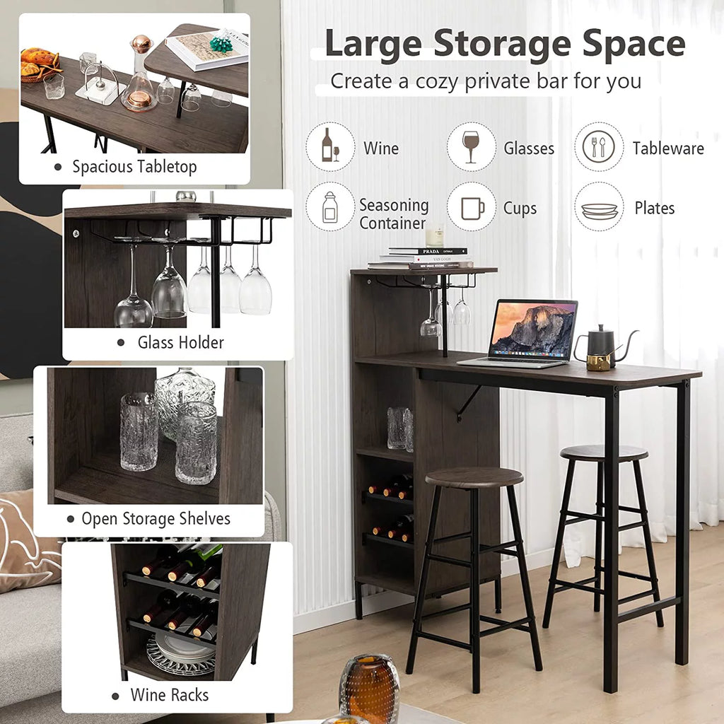 Bar Table and Chairs Set for 2, 3-Piece Counter Height Dining Table Set with Shelves P382