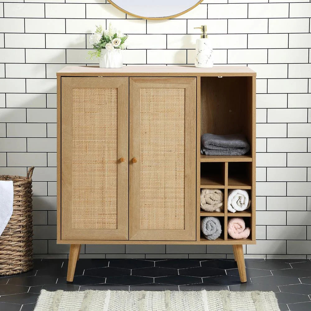 Light Oak Engineered Wood Rattan Wine and Storage Cabinet Z221