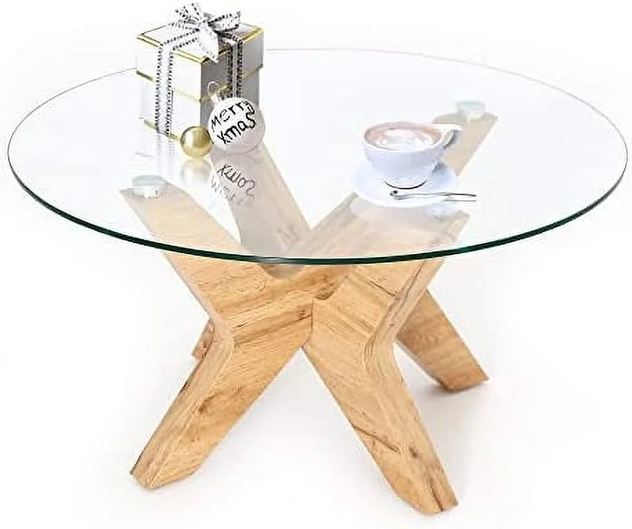 Round Glass Coffee Table with Wood Frame and Tempered Glass Top S297