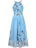 Blue Floral Halter Chiffon Maxi Dress V76644