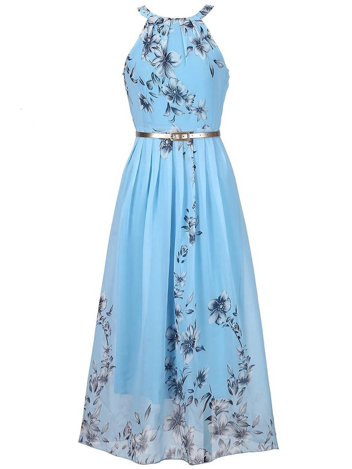 Blue Floral Halter Chiffon Maxi Dress V76644