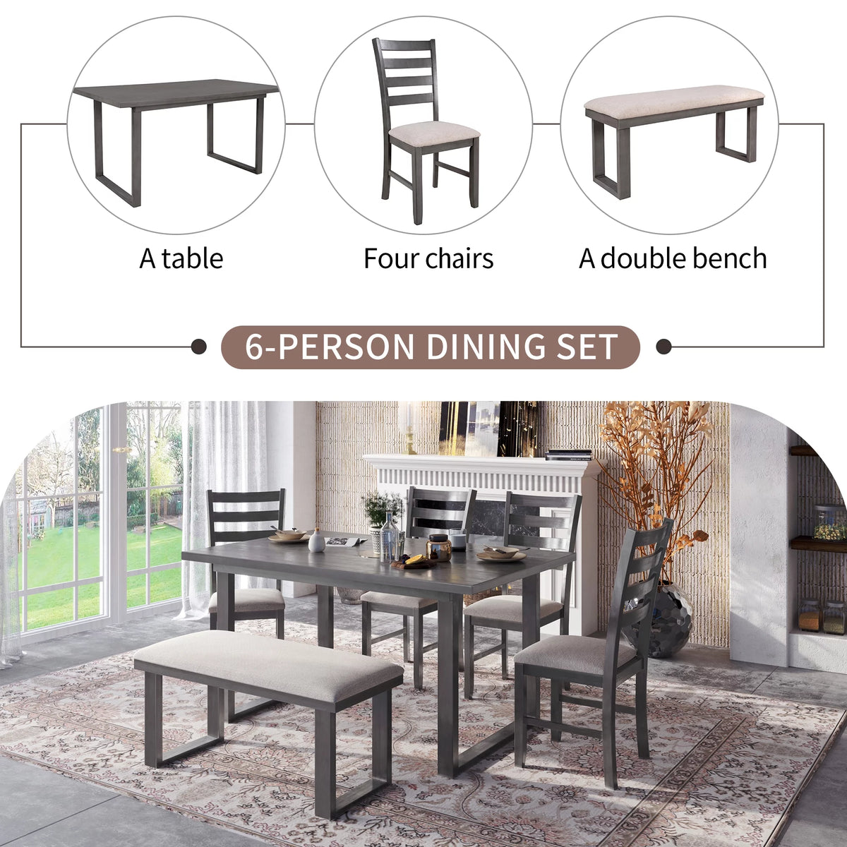 Solid Wood Dining Room Set with Table Chairs and Bench P8864