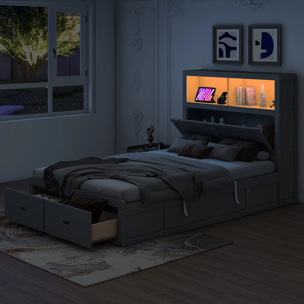 Gray Wood Full Size Platform Bed with Storage Headboard and Two Drawers N819852