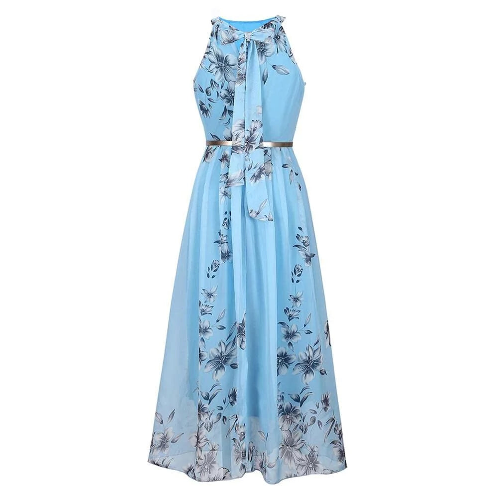 Blue Floral Halter Chiffon Maxi Dress V76644