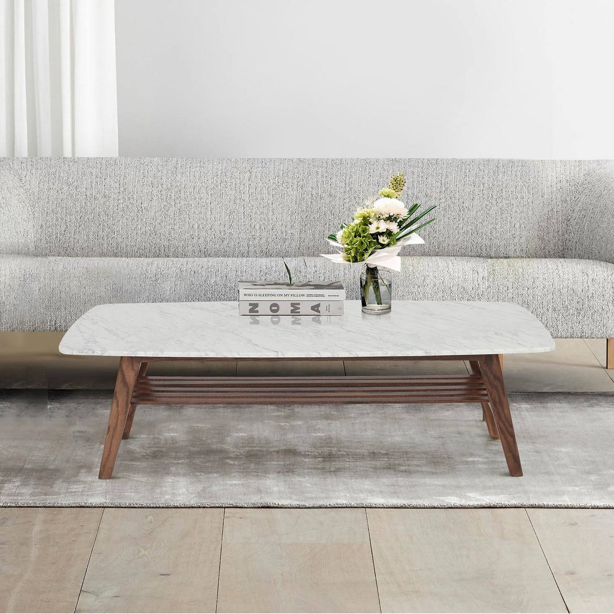 Italian Carrara White Marble Coffee Table with Oak Shelf S41989