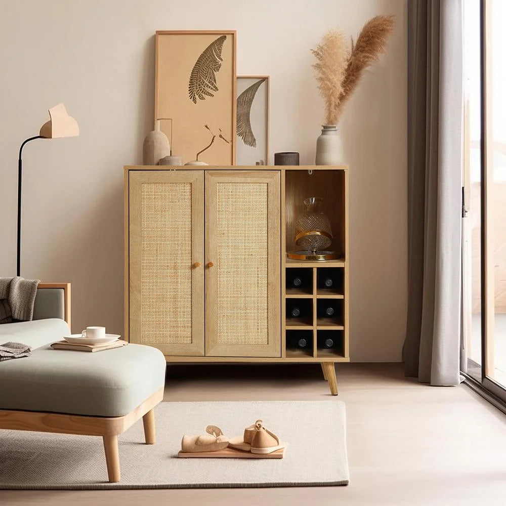 Light Oak Engineered Wood Rattan Wine and Storage Cabinet Z221