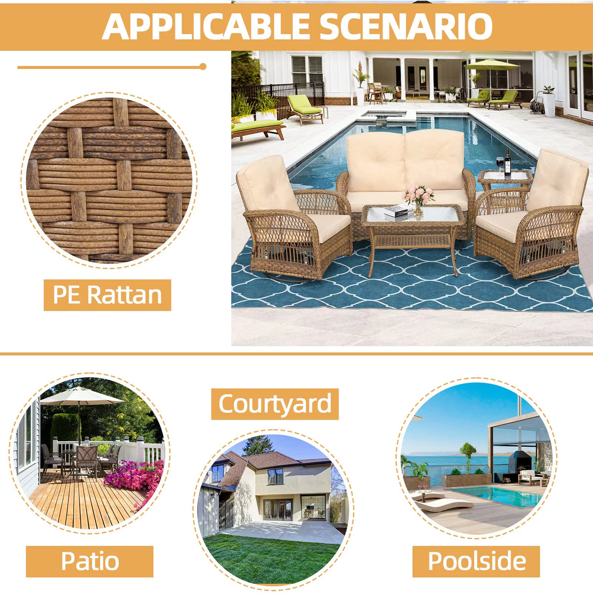 5 Pieces All Weather Wicker Patio Conversation Sofa Set with Glass Coffee Table S263