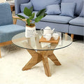 Round Glass Coffee Table with Wood Frame and Tempered Glass Top S297