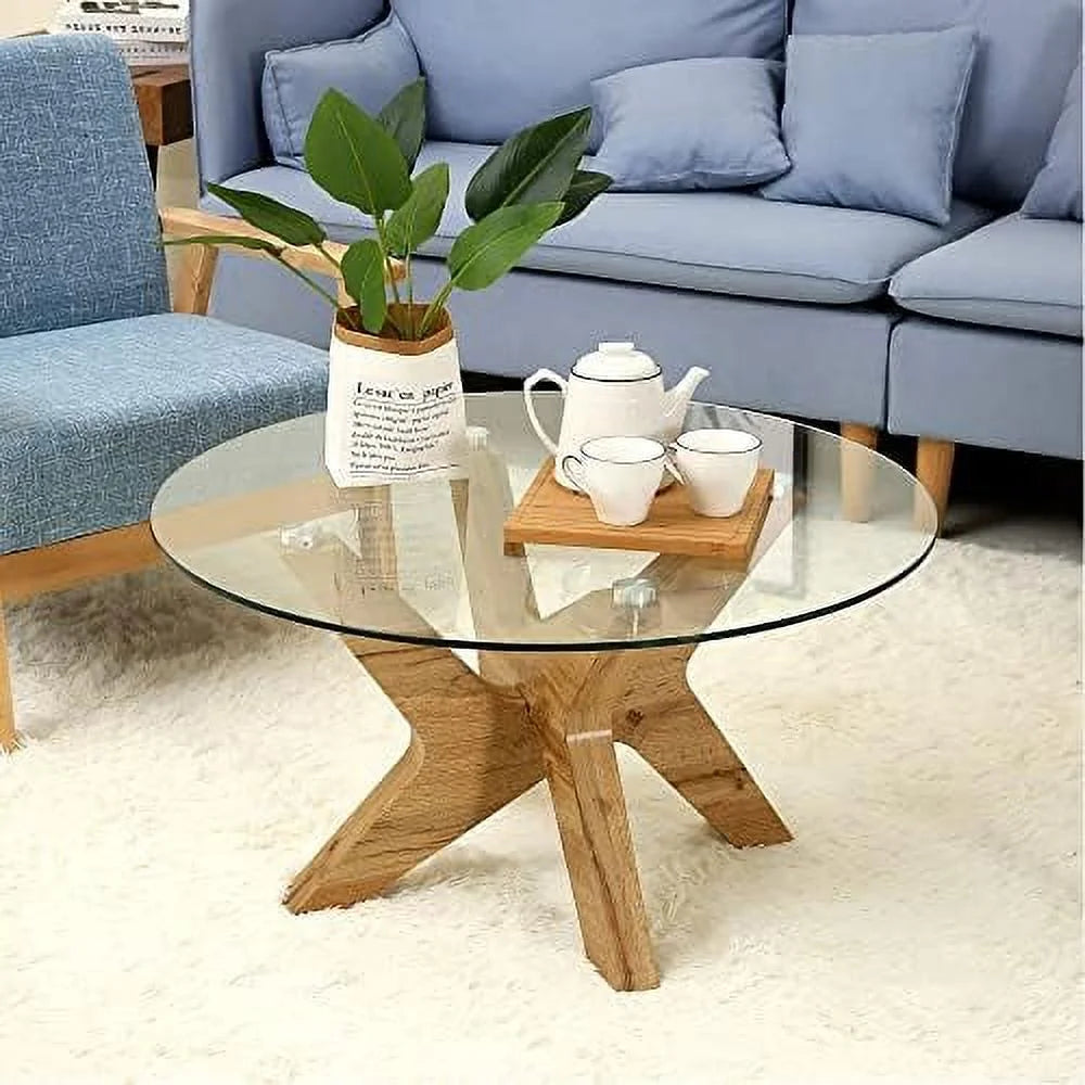 Round Glass Coffee Table with Wood Frame and Tempered Glass Top S297