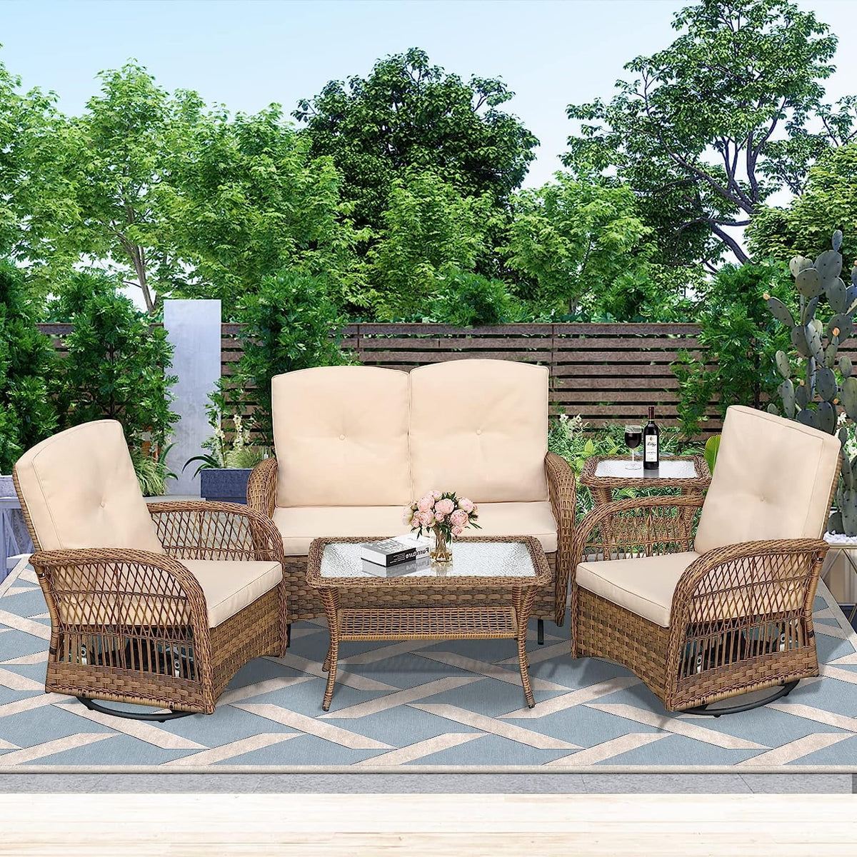 5 Pieces All Weather Wicker Patio Conversation Sofa Set with Glass Coffee Table S263