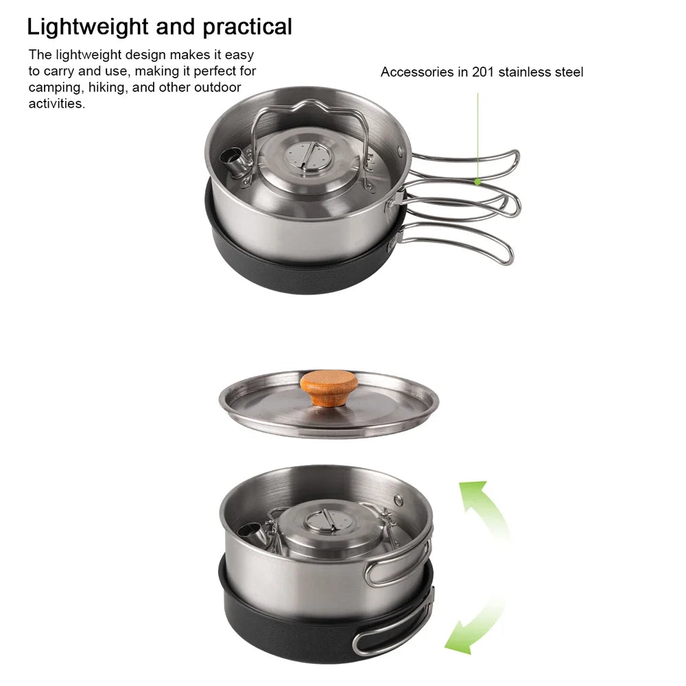 Stainless Steel Camping Cookware Set with Pot Frying Pan Kettle E848