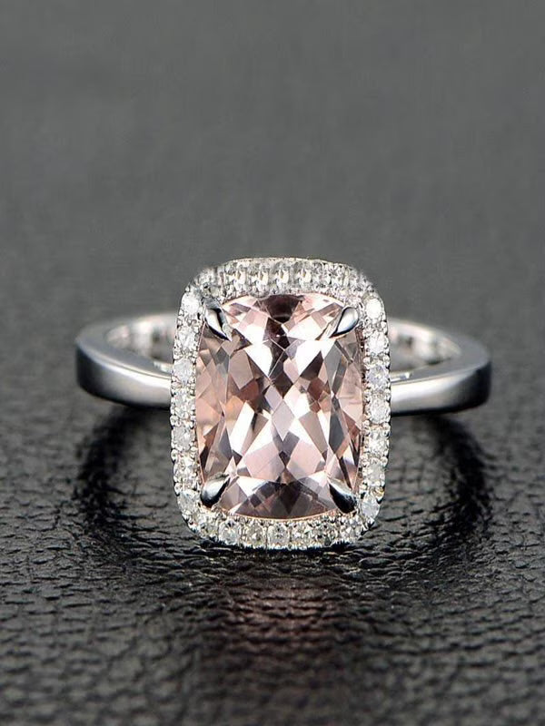1.25 Carat Cushion Cut Peach Pink Morganite and Diamond Halo Engagement Ring in 10k White Gold K77582