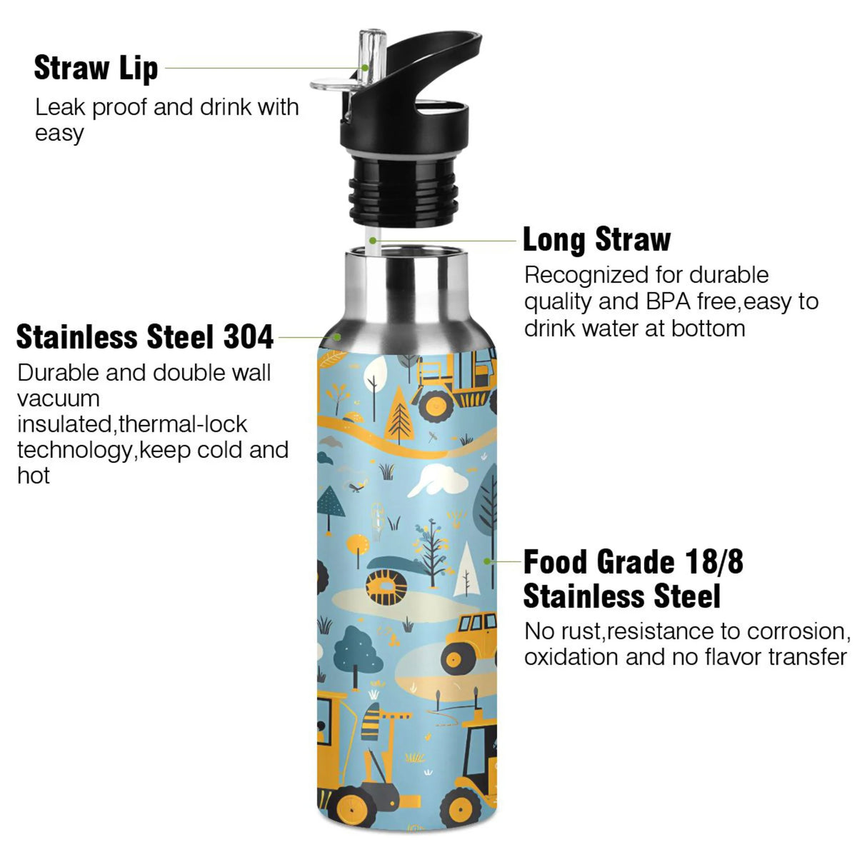 Blue Stainless Steel Insulated Water Bottle with Straw Lid Q5093
