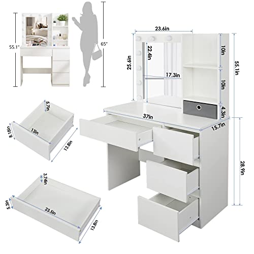 White Makeup Vanity with Lighted Mirror and 4 Drawers C3748