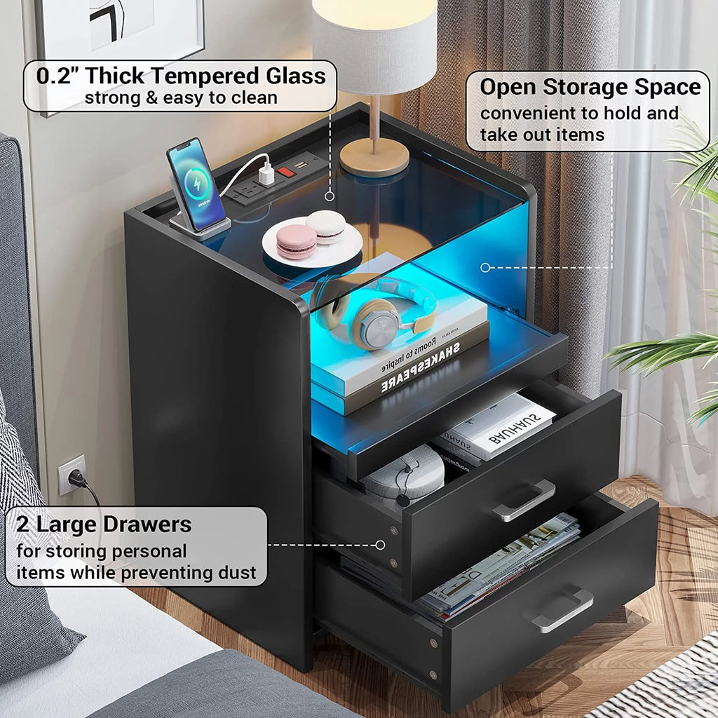 Black Set of 2 LED Nightstand with Charging Station A828751