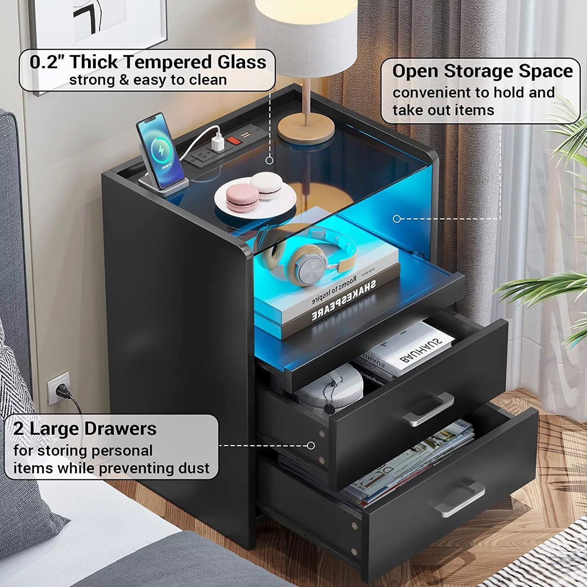 Black Set of 2 LED Nightstand with Charging Station A828751