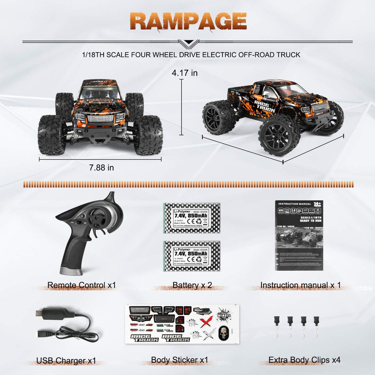 1:18 Scale 4X4 Off Road Remote Control Truck with 2 Batteries R25733