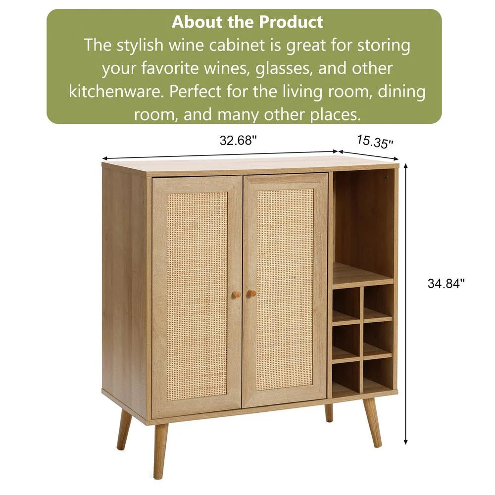 Light Oak Engineered Wood Rattan Wine and Storage Cabinet Z221