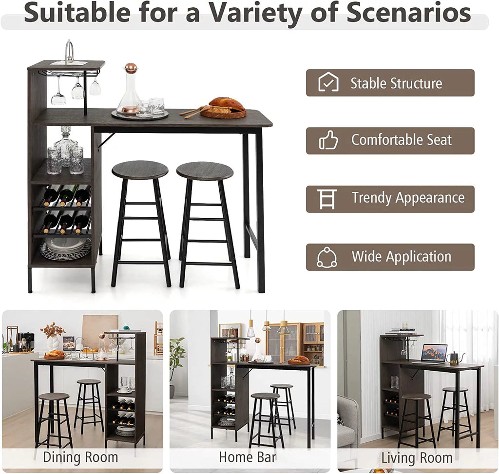 Bar Table and Chairs Set for 2, 3-Piece Counter Height Dining Table Set with Shelves P382