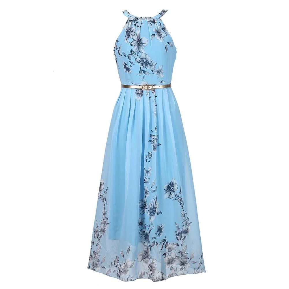 Blue Floral Halter Chiffon Maxi Dress V76644