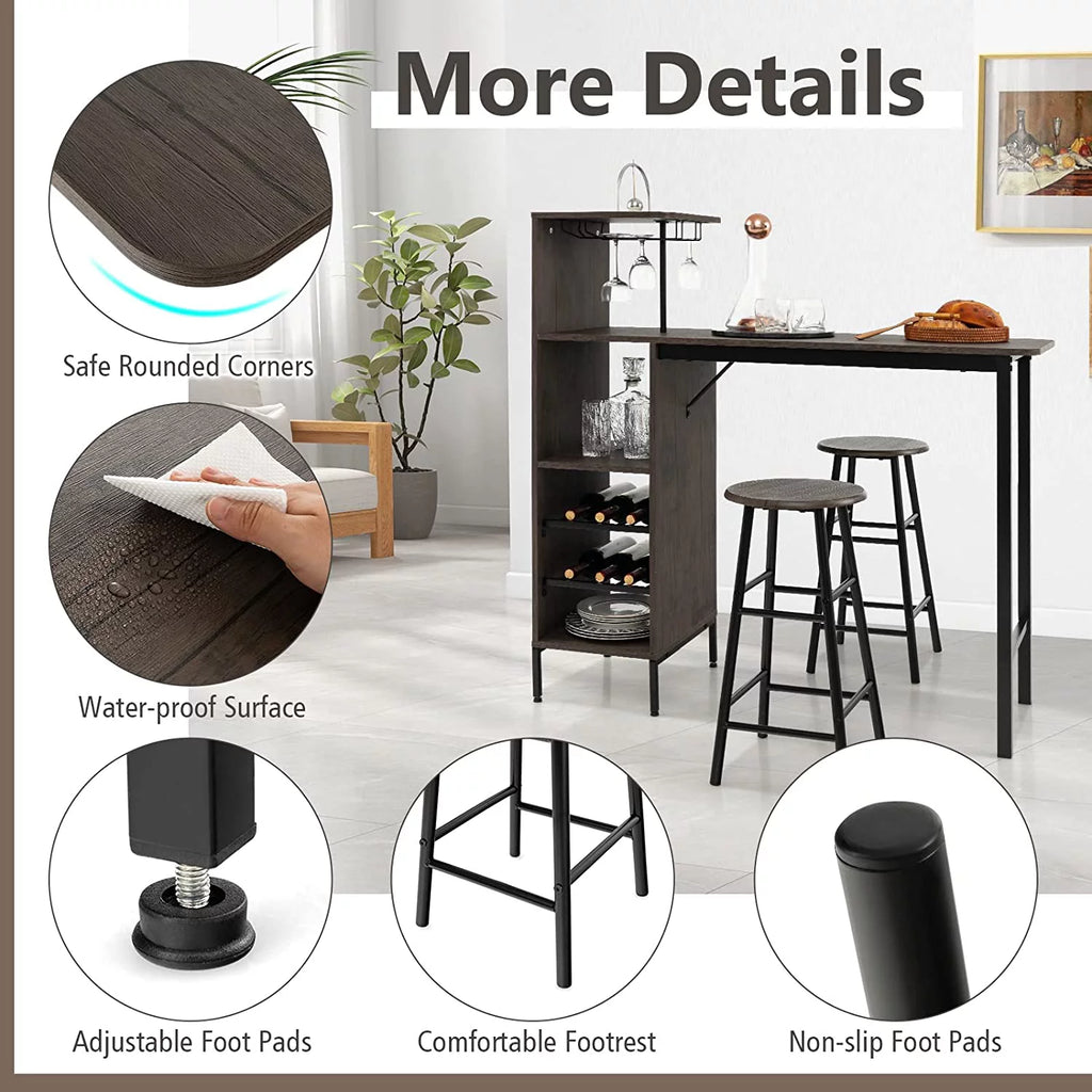 Bar Table and Chairs Set for 2, 3-Piece Counter Height Dining Table Set with Shelves P382