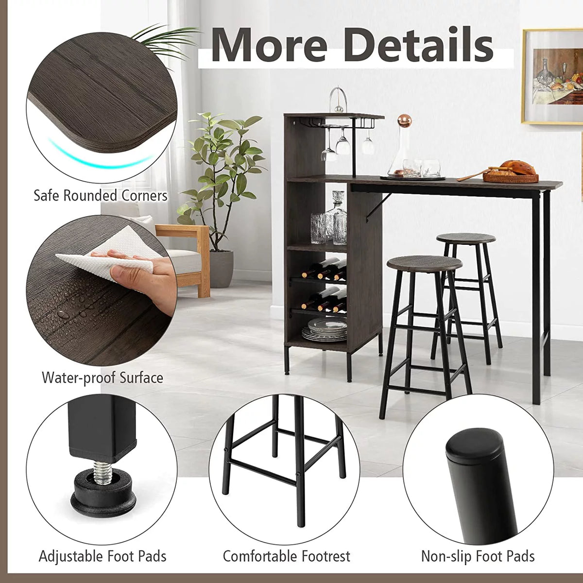 Bar Table and Chairs Set for 2, 3-Piece Counter Height Dining Table Set with Shelves P382