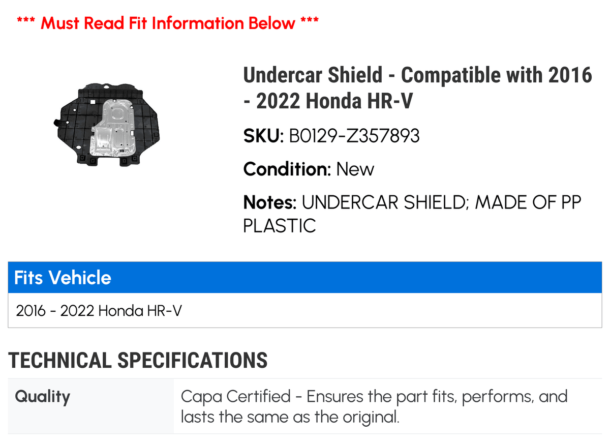 Undercar Shield for Honda HR-V E85328