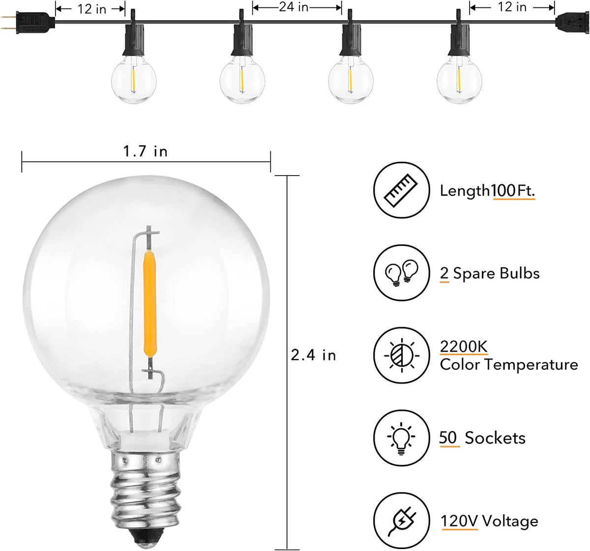 Outdoor String Lights with 50 LED Bulbs R9408