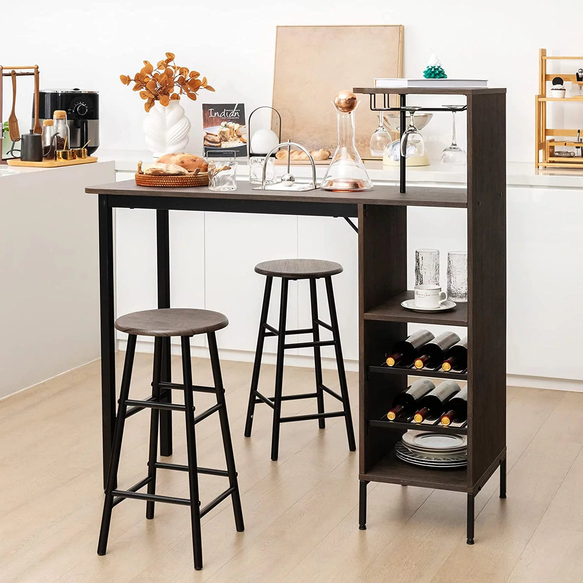 Bar Table and Chairs Set for 2, 3-Piece Counter Height Dining Table Set with Shelves P382