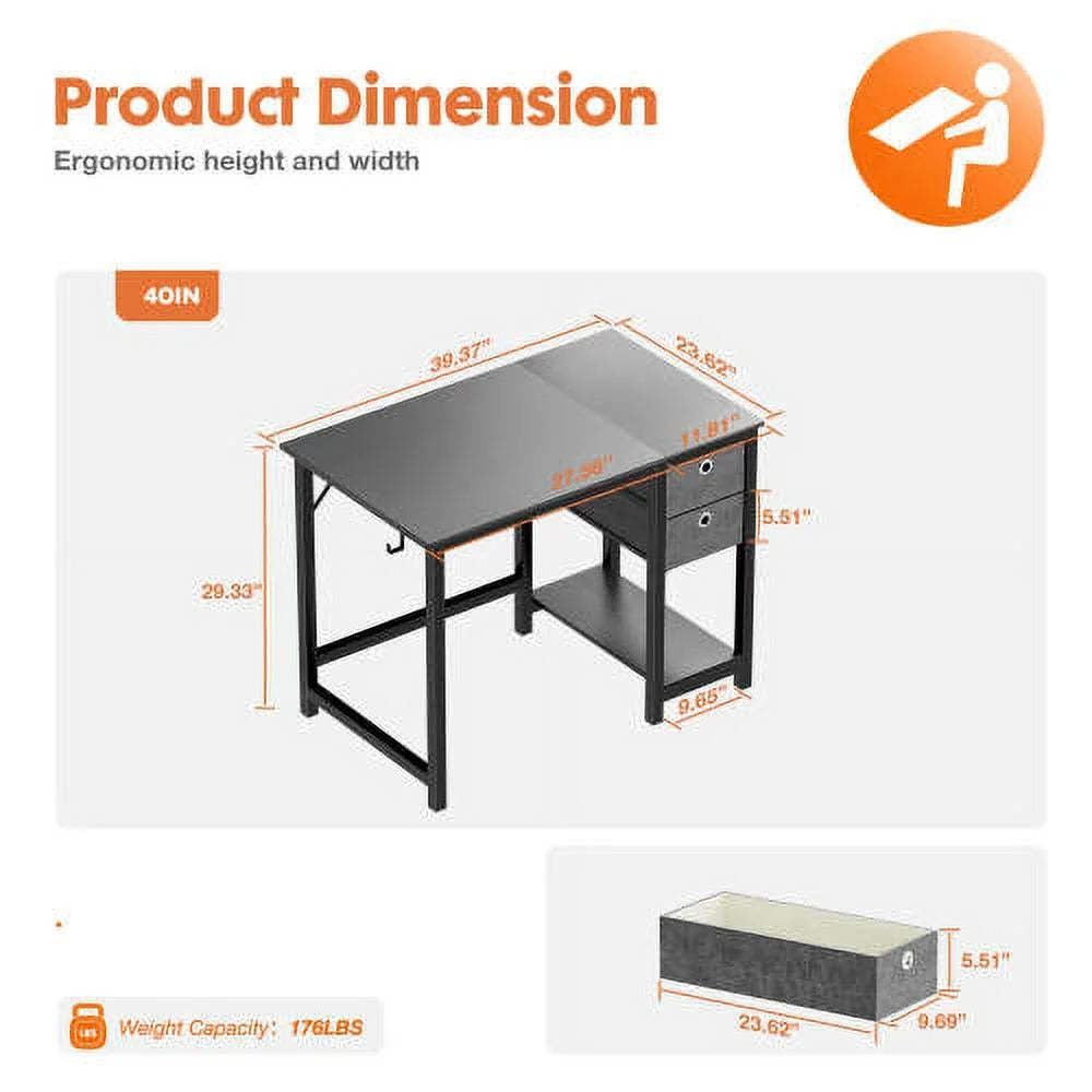 Black 47IN Writing Desk with 2-Tier Drawers L559